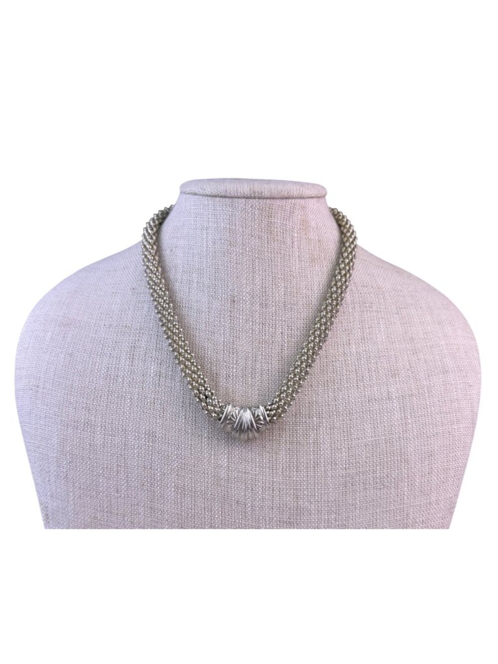 Vintage Silver Tone Mesh Choker Necklace Elegant Sculpted Bead Detail